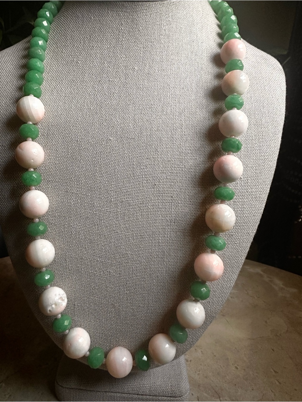 Green Jade and Pale Pink AngelSkin Coral Beaded Necklace - Women Jewelry - Picture 3 of 13